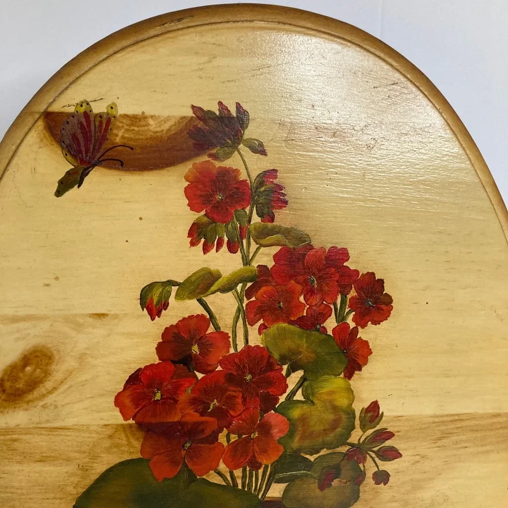 Vintage Hand Painted Oval Wood Wall Art Geranium Flower Butterfly LaVonne Signed